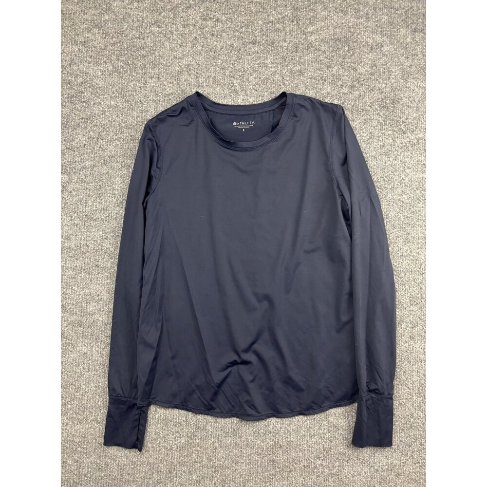 Athleta Shirt Womens Small Navy‎ Long Sleeve Open Back Tulip Hem Athletic Top